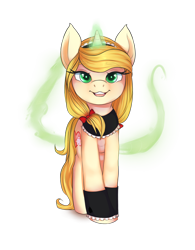 Size: 900x1152 | Tagged: safe, artist:littlemoshi, oc, oc only, oc:vive, pony, unicorn, clothes, cuffs (clothes), female, glowing horn, hair bow, looking at you, magic, mare, simple background, smiling, solo, transparent background
