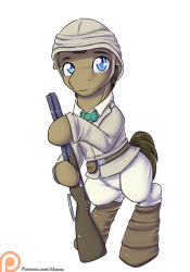 Size: 1050x1500 | Tagged: safe, artist:alasou, derpibooru import, doctor whooves, pony, bipedal, black powder rifle, clothes, gun, patreon, patreon logo, shotgun, simple background, solo, transparent background, weapon