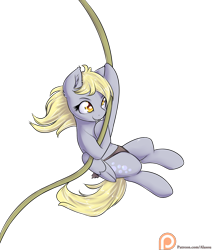 Size: 1375x1625 | Tagged: safe, artist:alasou, derpibooru import, derpy hooves, pegasus, pony, clothes, female, mare, patreon, patreon logo, simple background, solo, swinging, tarzan, transparent background, vine