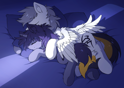 Size: 1000x716 | Tagged: safe, artist:hioshiru, oc, oc only, oc:kate, oc:kej, pegasus, pony, unicorn, bed, cuddling, eyes closed, female, k+k, lightbeam, male, sleeping, snuggling, straight