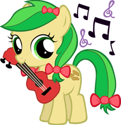 Size: 879x909 | Tagged: safe, artist:moonsugar33, apple fritter, apple family member, cute, female, filly, guitar, looking at you, music notes, simple background, solo, transparent background