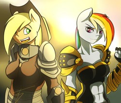 Size: 2000x1700 | Tagged: safe, artist:jamesjackobgermany, derpibooru import, applejack, rainbow dash, anthro, abs, applerack, armor, breasts, female, midriff, rainboob dash, unconvincing armor