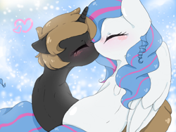 Size: 680x512 | Tagged: safe, artist:okaces, oc, oc only, oc:encelade moon, oc:okane, pegasus, pony, unicorn, colors3d, duo, female, kissing, lesbian, love, mare