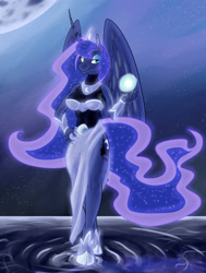 Size: 3023x4000 | Tagged: safe, artist:khenlos, princess luna, alicorn, anthro, pony, bracalets, cutie mark, dress, ethereal mane, ethereal tail, female, hoof shoes, magic, moon, moonlight, night, peytral, reflection, solo, stars, tiara, water
