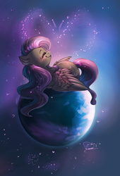 Size: 1900x2800 | Tagged: safe, artist:segraece, part of a set, fluttershy, butterfly, pegasus, pony, cute, eyes closed, heart, macro, planet, pony bigger than a planet, prone, shyabetes, smiling, solo, stars, tangible heavenly object