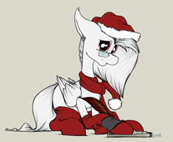 Size: 1314x1081 | Tagged: safe, artist:sinrar, derpibooru import, oc, oc only, oc:whiter penmanship, pegasus, pony, clothes, glasses, hat, quill, santa hat, scarf, socks, solo