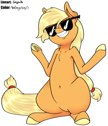 Size: 2015x2343 | Tagged: safe, artist:greyscaleart, artist:notenoughapples, derpibooru import, applejack, earth pony, pony, belly button, solo, sunglasses, underhoof