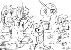 Size: 1280x905 | Tagged: safe, artist:silfoe, derpibooru import, princess cadance, princess celestia, princess luna, shining armor, spike, twilight sparkle, twilight sparkle (alicorn), alicorn, dragon, pony, unicorn, female, grayscale, lesbian, mare, monochrome, present, prone, royal sketchbook, shipping, sketch, twiluna