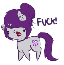Size: 2807x2844 | Tagged: safe, artist:wickedsilly, oc, oc only, oc:wicked silly, pony, unicorn, angry, chibi, choker, cute, derp, ear piercing, female, frown, glare, hair bun, madorable, mare, ocbetes, piercing, ponysona, simple background, solo, text, vulgar, white background