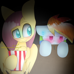 Size: 1024x1024 | Tagged: safe, artist:noxymlp, fluttershy, rainbow dash, pegasus, pony, blushing, female, flutterdash, food, lesbian, mare, popcorn, shipping