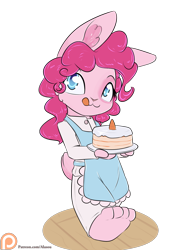 Size: 1050x1400 | Tagged: safe, artist:alasou, derpibooru import, part of a set, pinkie pie, anthro, rabbit, apron, bunnified, bunny pie, cake, clothes, cute, food, patreon, patreon logo, simple background, solo, species swap, tongue out, transparent background