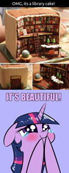 Size: 740x1850 | Tagged: safe, artist:underpable, derpibooru import, twilight sparkle, adorkable, blushing, book, bookhorse, cake, crying, cute, dork, food, image macro, impact font, irl, meme, obligatory pony, photo, purple text, tears of joy, that pony sure does love books