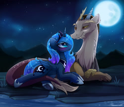 Size: 1600x1384 | Tagged: safe, artist:magnaluna, derpibooru import, discord, princess luna, alicorn, pony, bedroom eyes, blushing, cuddling, eye contact, lunacord, moon, night, prone, shipping, sky, smiling, snuggling, stars, underhoof