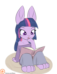 Size: 1050x1350 | Tagged: safe, artist:alasou, derpibooru import, part of a set, twilight sparkle, anthro, rabbit, :<, book, bunnified, bunny sparkle, clothes, patreon, patreon logo, reading, simple background, solo, species swap, transparent background