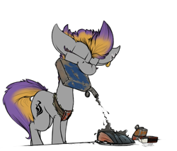 Size: 1041x886 | Tagged: safe, artist:sinrar, derpibooru import, oc, oc only, oc:sizzle, fallout equestria, bad cooking, food, gasoline, matches, solo, weapon