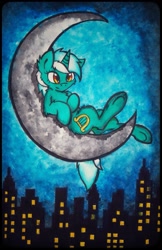 Size: 1579x2443 | Tagged: safe, artist:canvymamamoo, derpibooru import, lyra heartstrings, city, cityscape, fluffy, moon, night, skyline, solo, tangible heavenly object, traditional art