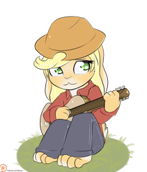 Size: 1050x1225 | Tagged: safe, artist:alasou, derpibooru import, part of a set, applejack, anthro, rabbit, bunnified, bunnyjack, cute, guitar, jackabetes, patreon, patreon logo, simple background, solo, species swap, transparent background