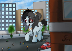 Size: 900x642 | Tagged: safe, artist:made-in-donuts, oc, oc only, oc:roxy rage, pony, building, car, crush fetish, giant pony, giant/macro earth pony, macro, stomping, tree