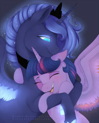 Size: 800x1000 | Tagged: safe, artist:evehly, derpibooru import, princess luna, twilight sparkle, twilight sparkle (alicorn), alicorn, pony, commission, crying, eyes closed, female, hug, mare, open mouth, spread wings, tears of joy