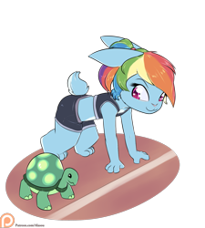 Size: 1350x1500 | Tagged: safe, artist:alasou, derpibooru import, part of a set, rainbow dash, tank, anthro, rabbit, bunnified, patreon, patreon logo, ponytail, rabbit dash, racing, simple background, species swap, the tortoise and the hare, transparent background