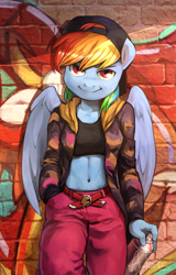 Size: 1729x2706 | Tagged: safe, artist:audrarius, derpibooru import, rainbow dash, anthro, pegasus, abs, belly button, clothes, female, graffiti, hat, looking at you, midriff, solo