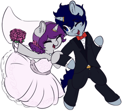 Size: 1280x1148 | Tagged: safe, artist:wickedsilly, oc, oc only, oc:sleepy head, oc:wicked silly, pony, unicorn, bipedal, bouquet, bowtie, clothes, couple, cute, dress, eyes closed, female, horn ring, husband and wife, jewelry, male, mare, married couple, necklace, oc x oc, ocbetes, one eye closed, open mouth, ponysona, shipping, simple background, smiling, stallion, straight, suit, wedding dress, white background, wickedsleepy