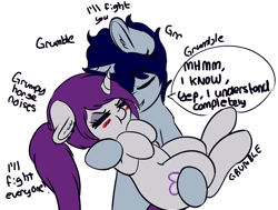 Size: 1280x967 | Tagged: safe, artist:wickedsilly, oc, oc only, oc:sleepy head, oc:wicked silly, pony, unicorn, :t, blush sticker, blushing, carrying, comforting, couple, cute, descriptive noise, dialogue, ear fluff, eyes closed, female, grumpy, horse noises, male, mare, oc x oc, ocbetes, ponysona, shipping, simple background, stallion, straight, white background, wickedsleepy