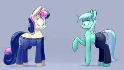 Size: 1920x1080 | Tagged: safe, artist:underpable, derpibooru import, bon bon, lyra heartstrings, sweetie drops, :t, belt, blue jeans, clothes, dog pants, frown, glare, jeans, nose wrinkle, pants, raised hoof, scrunchy face, wat, wide eyes