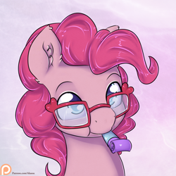 Size: 1050x1050 | Tagged: safe, artist:alasou, derpibooru import, part of a set, pinkie pie, earth pony, pony, adorkable, bust, cute, diapinkes, dork, glasses, mouth hold, party horn, patreon, patreon logo, solo