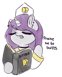 Size: 3270x4035 | Tagged: safe, artist:wickedsilly, oc, oc only, oc:wicked silly, pony, unicorn, ass worship, bible, butts, clothes, ear fluff, ear piercing, eyes closed, female, hat, literal ass worship, mare, open mouth, piercing, ponysona, priest, priestess, raised hoof, simple background, sketch, solo