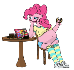 Size: 1600x1500 | Tagged: safe, artist:wryte, pinkie pie, oc, equestria girls, andrew w.k., belly, belly button, big belly, cake, candy, canon x oc, donut, eating, fanfic art, fat, fudge, humanized, obese, piggy pie, pudgy pie, request, round belly, simple background, transparent background