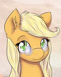 Size: 800x1000 | Tagged: safe, artist:alasou, derpibooru import, applejack, earth pony, pony, bust, cute, freckles, glasses, jackabetes, looking at you, patreon, patreon logo, portrait, smiling, solo