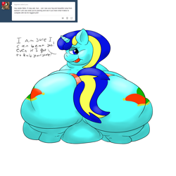 Size: 1280x1280 | Tagged: safe, artist:watertimdragon, oc, oc only, oc:jester bells, ask, bedroom eyes, clothes, fat, impossibly large butt, impossibly wide hips, looking at you, morbidly obese, obese, panties, plot, solo, tumblr, underwear, wide hips