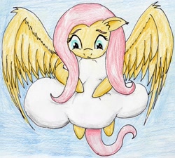 Size: 2388x2148 | Tagged: safe, artist:40kponyguy, derpibooru exclusive, fluttershy, pegasus, pony, 30 minute art challenge, cloud, looking down, solo, spread wings, traditional art