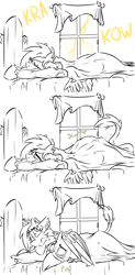 Size: 900x1826 | Tagged: safe, artist:ralek, oc, oc only, oc:ralek, oc:sapphire sights, griffon, pegasus, pony, bed, comic, cute, lightning, monochrome, onomatopoeia, pillow, scared, sleeping, thunder, thunderstorm