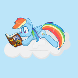 Size: 1024x1024 | Tagged: safe, artist:yoshimarsart, rainbow dash, pegasus, pony, book, cloud, reading, solo, watermark