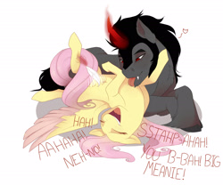 Size: 2400x2000 | Tagged: safe, artist:evehly, derpibooru import, fluttershy, king sombra, pegasus, pony, unicorn, colored wings, colored wingtips, couple, cute, female, licking, male, shipping, shyabetes, sombrashy, straight, tickling, tongue out