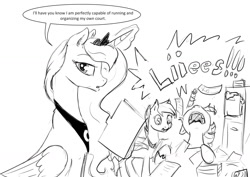 Size: 1280x904 | Tagged: safe, artist:silfoe, derpibooru import, princess luna, twilight sparkle, oc, oc:evening melody, bat pony, pony, blatant lies, court, dialogue, file, glowing horn, grayscale, looking at you, magic, monochrome, paper, royal sketchbook, screaming, telekinesis, telling lies