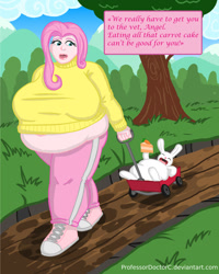 Size: 1024x1277 | Tagged: safe, artist:professordoctorc, fluttershy, human, breasts, clothes, fat, fattershy, female, hootershy, humanized, morbidly obese, muffin top, obese, sweater, sweatershy