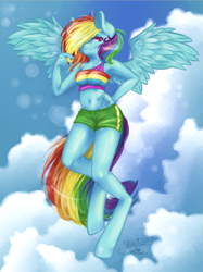 Size: 747x1000 | Tagged: safe, artist:liczka, derpibooru import, rainbow dash, anthro, unguligrade anthro, armpits, belly button, clothes, flying, hair over one eye, midriff, shorts, sky, solo, tube top