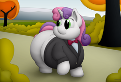 Size: 2800x1900 | Tagged: safe, artist:jesseorange, sweetie belle, belly, chubby cheeks, clothes, fat, morbidly obese, obese, solo, sweetie belly, tuxedo