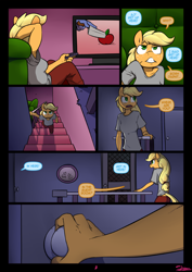 Size: 850x1200 | Tagged: safe, artist:slypon, derpibooru import, applejack, rainbow dash, anthro, earth pony, comic:night mares (series), comic:night mares 4, apple, breasts, clothes, comic, explicit source, female, food, knife, open mouth, staircase, stairs, television