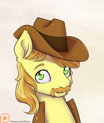 Size: 850x1000 | Tagged: safe, artist:alasou, derpibooru import, braeburn, moustache, patreon, patreon logo, portrait, solo