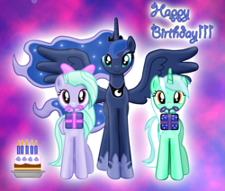 Size: 1365x1164 | Tagged: safe, artist:majkashinoda626, flitter, lyra heartstrings, princess luna, alicorn, pony, female, horn, mare