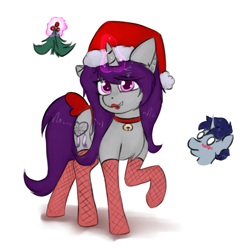 Size: 1839x1836 | Tagged: safe, artist:marsminer, oc, oc only, oc:sleepy head, oc:wicked silly, pony, unicorn, bell, bell collar, bow, clothes, collar, hat, holly, holly mistaken for mistletoe, male, oc x oc, santa hat, shipping, stockings, straight, tail bow, wickedsleepy