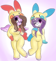 Size: 1280x1381 | Tagged: safe, artist:wickedsilly, oc, oc only, oc:ivy rose, oc:wicked silly, anthro, pegasus, unguligrade anthro, unicorn, anthro oc, clothes, costume, cute, duo, duo female, female, kigurumi, looking at you, minun, ocbetes, one eye closed, plusle, pokémon, ponysona, wink