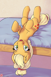Size: 1050x1575 | Tagged: safe, artist:alasou, derpibooru import, applejack, earth pony, pony, bed, cute, jackabetes, looking at you, on back, open mouth, patreon, patreon logo, silly, silly pony, solo, tongue out, upside down, who's a silly pony