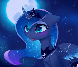 Size: 1600x1376 | Tagged: safe, artist:magnaluna, derpibooru import, princess luna, alicorn, pony, blushing, chest fluff, cute, female, horn jewelry, jewelry, lunabetes, mare, moon, shooting star, solo, tongue out, wingding eyes