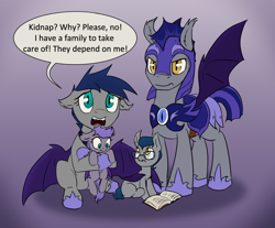 Size: 1450x1200 | Tagged: safe, artist:ask-bluehorizon, artist:silfoe, derpibooru import, edit, oc, oc only, oc:evening melody, bat pony, pony, armor, ask, book, colt, cute, dialogue, family, female, filly, floppy ears, frown, glare, glasses, holding a pony, hug, looking at you, male, night guard, open mouth, royal sketchbook, sad, sitting, speech bubble, tumblr, wide eyes