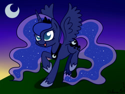 Size: 1600x1200 | Tagged: safe, artist:sabrib, princess luna, alicorn, pony, crescent moon, moon, solo, spread wings, twilight (astronomy)